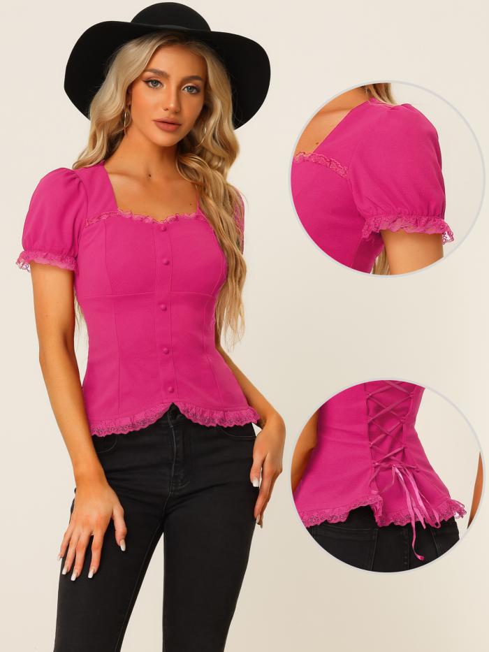 Allegra K カジュアルブラウス 半袖シャツ レーストップス ボタン ハートネック パフスリーブ ゴシック レディース ホットピンク M