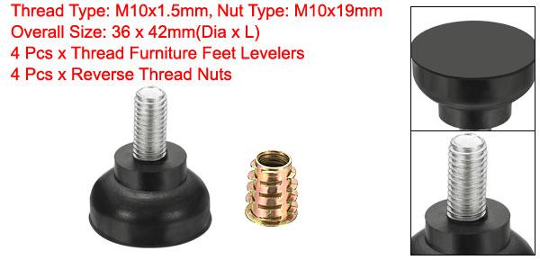 M10 x 21mm ネジ式調整可能家具レベル調整脚 4個セット 36x42mm 家具用滑り止め床保護キャップ [2]