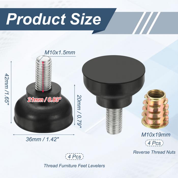 M10 x 21mm ネジ式調整可能家具レベル調整脚 4個セット 36x42mm 家具用滑り止め床保護キャップ [3]