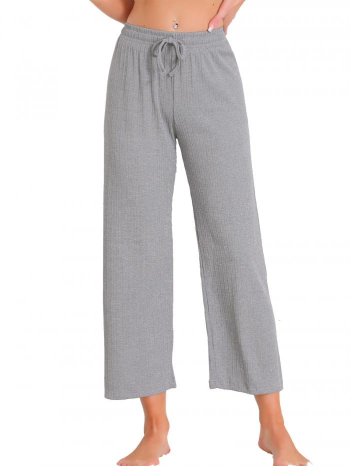 cheibear レディース ワイドレッグ ハイウエスト プルオン リブニット カジュアル ドローストリング パラッツォ トラウザーズ クロップドパンツ グレー...