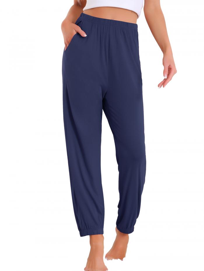 cheibear レディースパジャマパンツ 柔らかくて快適なパジャマパンツ ラウンジパンツ レディース 寝巻き ポケット付き ネイビーブルー XL