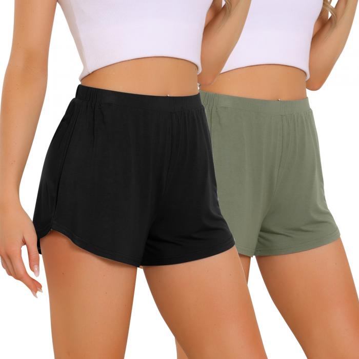 cheibear レディース 2枚組 ラウンジショーツ ハイウエスト カジュアル スリープウェア 着心地の良い無地 スリープパジャマ ボトムス 黒+緑 M