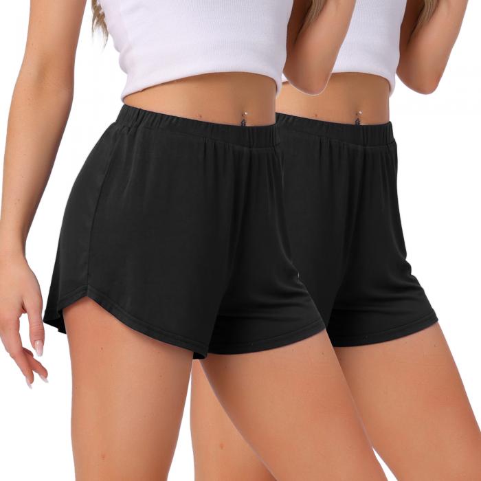 cheibear レディース 2枚組 ラウンジショーツ ハイウエスト カジュアル スリープウェア 着心地の良い無地 スリープパジャマ ボトムス 黒+黒 M