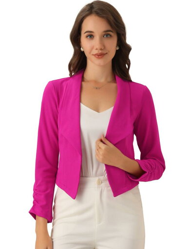 Allegra K ショート ジャケット クロップド ブレザー 前開き オフィス 事務服 無地 レディース ホットピンク S Allegra K ショート ジャケット クロップド ブレザー 前開き オフィス 事務服 無地 レディース ホットピンク S