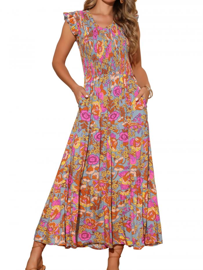 Seta T レディース サマードレス Vネック フリル キャップスリーブ スモック フローラル サンドレス ティアード ビーチ ゆったり マキシドレス グレーグリーン L