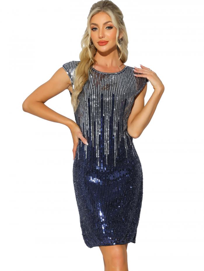 Allegra K レディース ミディ スパンコール ドレス キャップ スリーブ スリムフィット クラブ パーティー シャイニング ドレス ブルーシルバー M