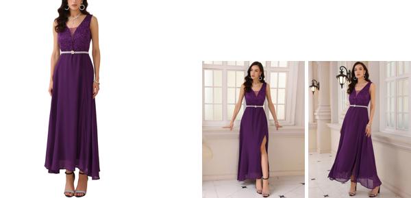 WOMLAYOUT レディース ガウンドレス レース Vネック ノースリーブ ウェディング ゲストドレス パープル XL