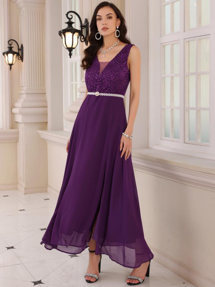 WOMLAYOUT レディース ガウンドレス レース Vネック ノースリーブ ウェディング ゲストドレス パープル XL