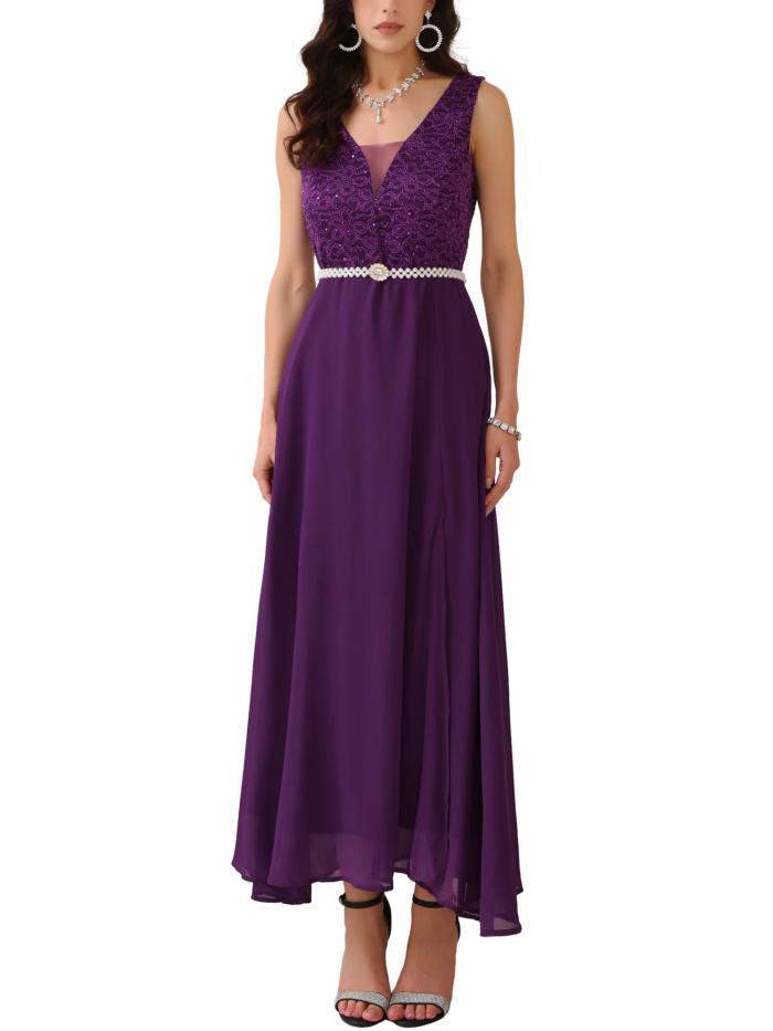 WOMLAYOUT レディース ガウンドレス レース Vネック ノースリーブ ウェディング ゲストドレス パープル XL