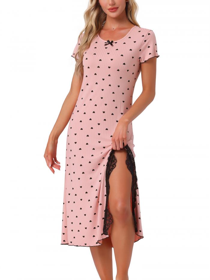 cheibear レディース 半袖 スリープウェア ハートプリント レーストリム サイドスリット ナイトシャツ リブニット ロングナイトガウン ピンク M