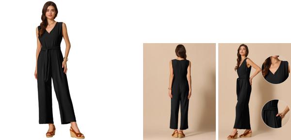 Allegra K レディース ワイドレッグ ジャンプスーツ Vネック カジュアル ノースリーブ ロンパース ブラック S