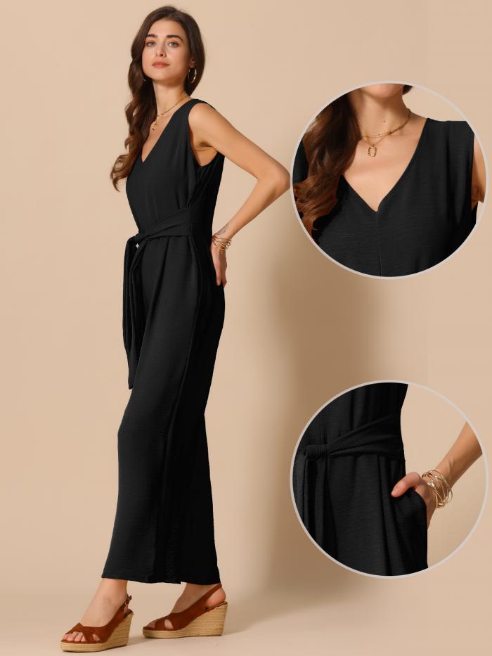 Allegra K レディース ワイドレッグ ジャンプスーツ Vネック カジュアル ノースリーブ ロンパース ブラック S