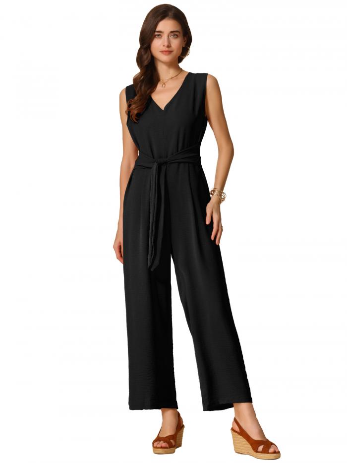Allegra K レディース ワイドレッグ ジャンプスーツ Vネック カジュアル ノースリーブ ロンパース ブラック S