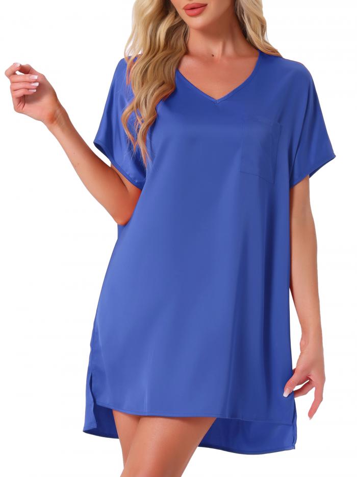cheibear レディース ナイトガウン クルーネック ソフト 半袖 ラウンジウェア 太もも丈 スリープドレス ブルー L