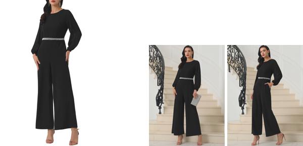 WOMLAYOUT レディース ワイドレッグパンツ ジャンパー ロング シアースリーブ ジャンプスーツ ブラック S