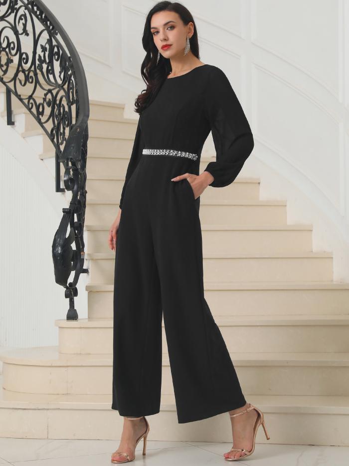 WOMLAYOUT レディース ワイドレッグパンツ ジャンパー ロング シアースリーブ ジャンプスーツ ブラック S