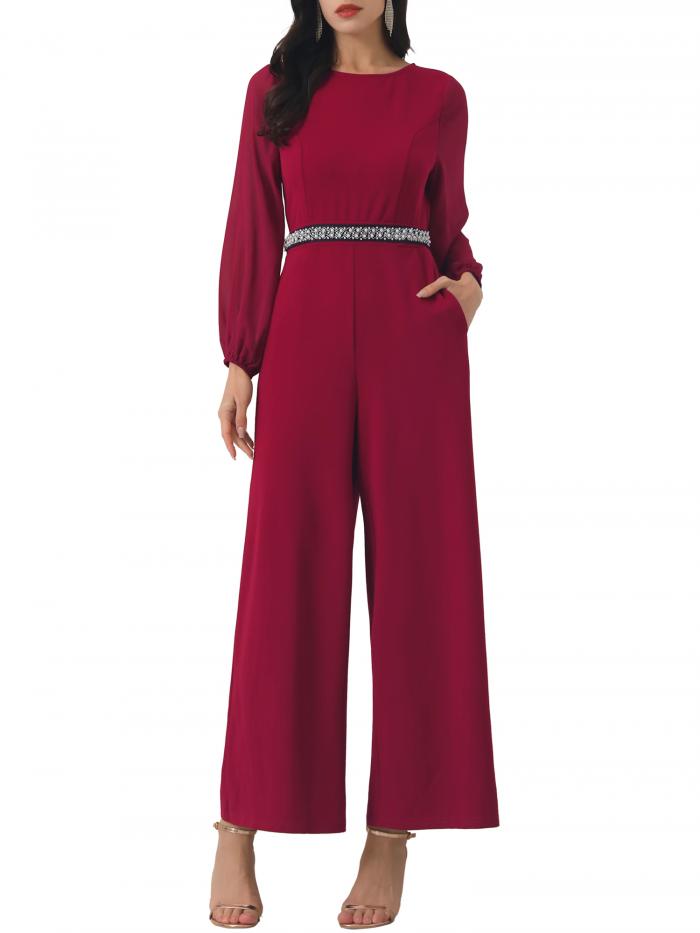 WOMLAYOUT レディース ワイドレッグパンツ ジャンパー ロング シアースリーブ ジャンプスーツ ワインレッド 2XL
