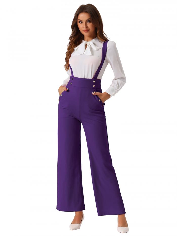 Allegra K サスペンダー ジャンプスーツ オーバーオール オフィス 調節可能なストラップ ワイドレッグ レディース パープル L