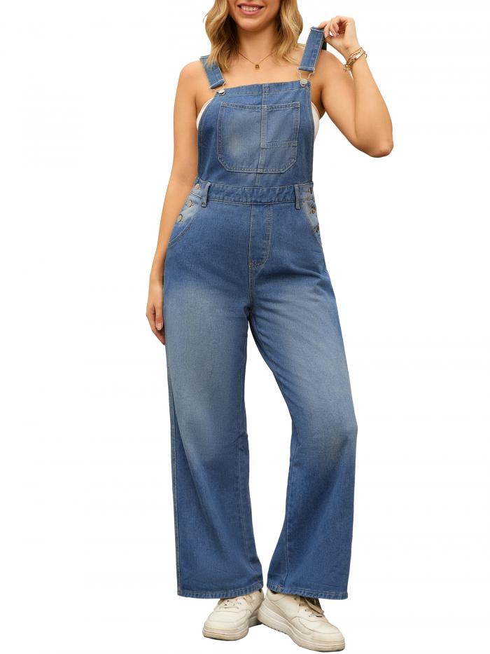 CIMUK レディース デニム ジャンプスーツ ダンガリー ポケット 2025 春 ビブ オーバーオール サスペンダーパンツ ジーンズズボン ブルー 2XL