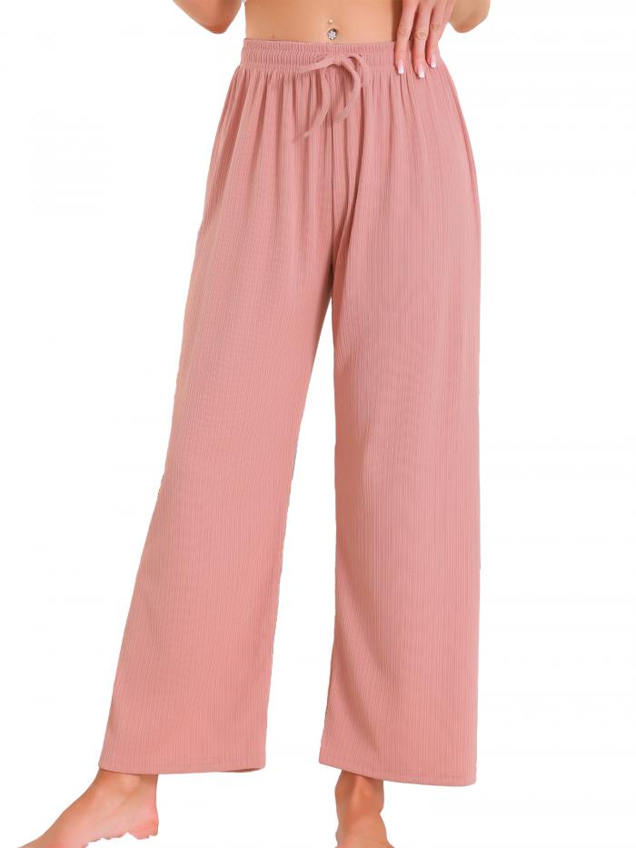 cheibear レディース ワイドレッグ ハイウエスト プルオン リブニット カジュアル ドローストリング パラッツォ トラウザーズ クロップドパンツ ピンク...