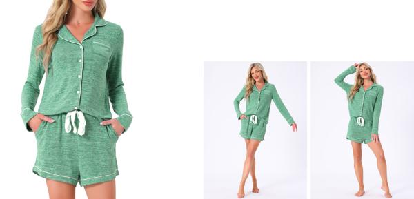 cheibear レディース ラウンジセット ソフトボタンアップ ノッチカラー 長袖 ショーツセット ポケット付き グリーン L