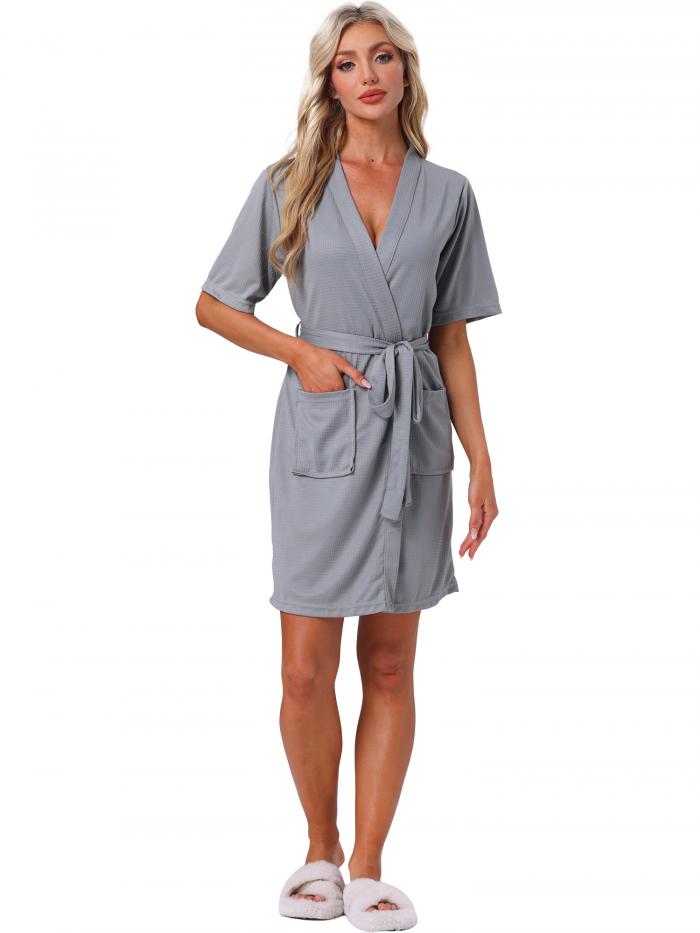 cheibear レディースローブ ソフト Vネック 半袖 心地よいバスローブ ポケット付き 軽量 ラウンジウェア グレー M