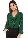 Allegra K シフォン フリルブラウス 長袖 Vネック ブレスレットスリーブ 無地 レディース 緑 3XL