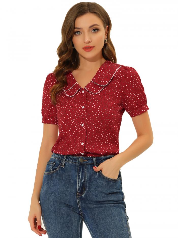 Allegra K 水玉 シャツ トップス 丸襟 パフスリーブ 半袖 ヴィンテージ レディース レッド 3XL
