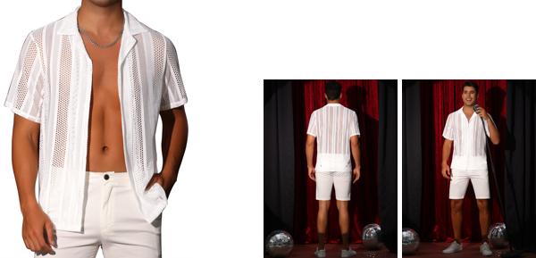 Lars Amadeus メンズ メッシュシャツ キャンプカラー 半袖 ボタンダウン パーティー シースルーシャツ ホワイト L