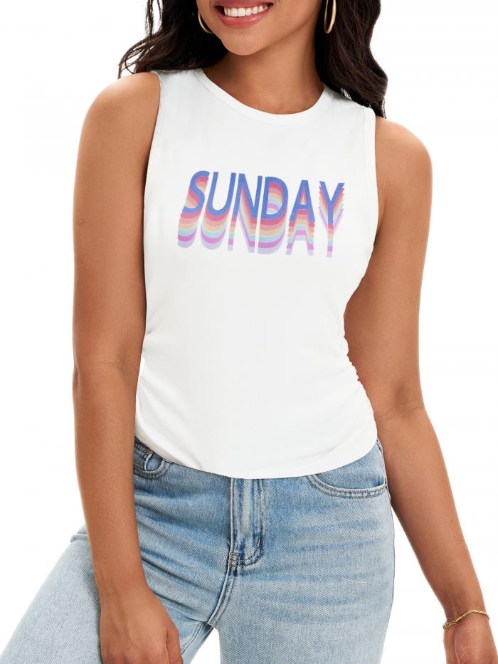 ONFERS Onfers レディース ルーシュ タンクトップ 夏 リブ クルーネック ノースリーブ トップス フィッ..