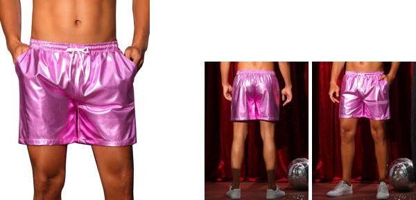 Lars Amadeus 男性用メタリックショーツ ドローストリング パーティー ホログラフィック ホットショーツ ポケット付き メンズ ピンク S