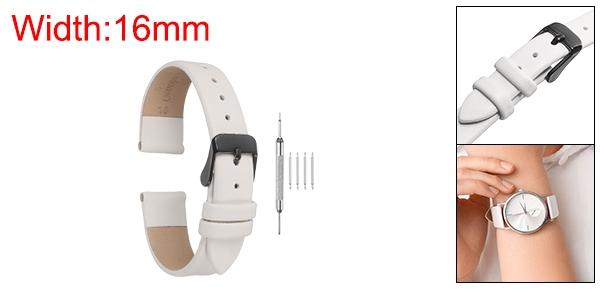 ホワイトの本物のレザーバンド 16mm幅、フラットで薄いエレガントなレザーウォッチストラップ 黒トーンバックル 男性と女性用