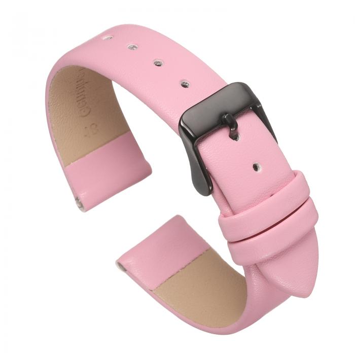 ピンクの本物のレザーバンド、18mm幅、フラットで薄いエレガントなレザー時計ストラップ、メンズとレディース用の黒バックル