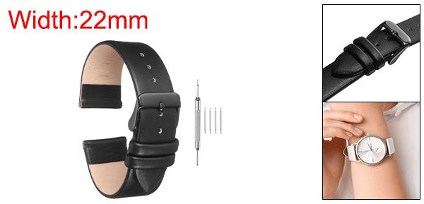 黒の本物のレザーバンド、22mm幅、フラットで薄いエレガントなレザーウォッチストラップ、メンズとレディース用の黒バックル