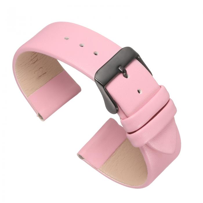 ピンクの本革バンド 22mm幅、フラットで薄いエレガントなレザーウォッチストラップ 黒バックル 男性と..