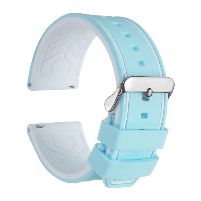 24mm幅のシリコンウォッチバンド、シルバートーンのバックル付き、男性用女性用に適した柔らかいクイックリリースラバーウォッチバンド、ライトブルーホワイト