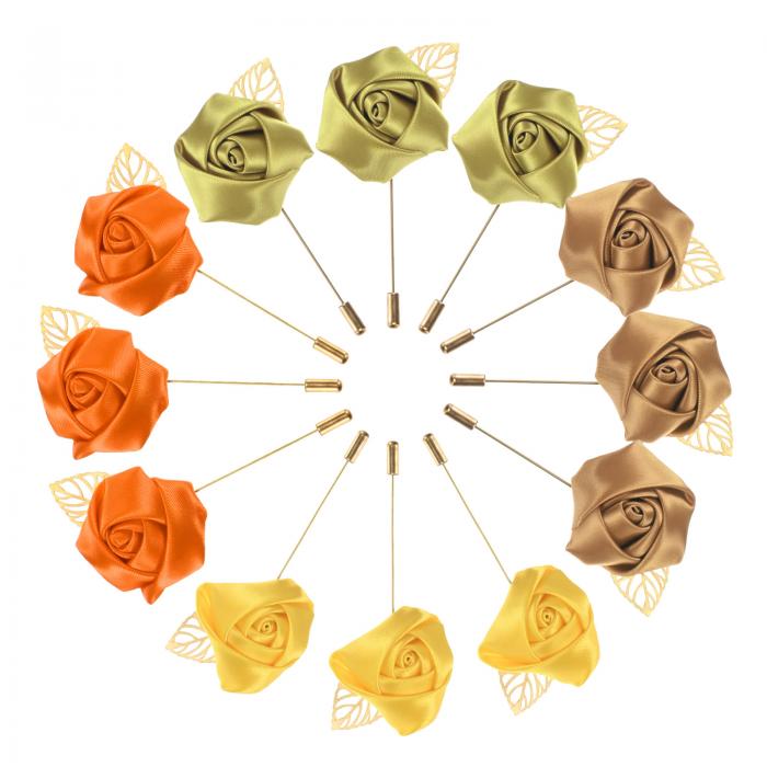 M METERXITY メンズ用フラワーラペ ルピン1セット ウェディング/ダンス/パーティー用 金色リーフローズブトンニエピン スーツ用サテンフラワーコサージ...