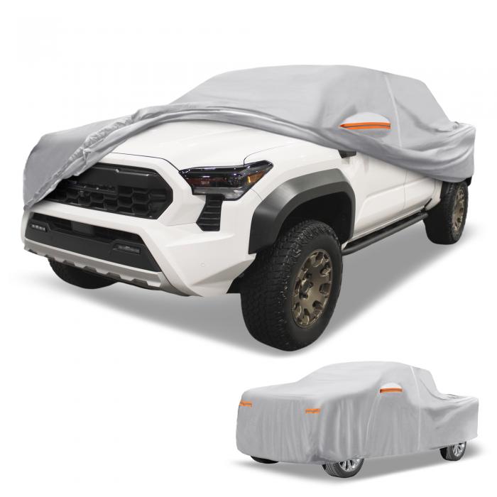 Partuto 1個のユニバーサルカーカバー 防水オールウェザー 自動車用屋外用 抗UV 日光 雨保護 フルエクステリアカバー 190T-PU シルバートーン トラック用 長さ221