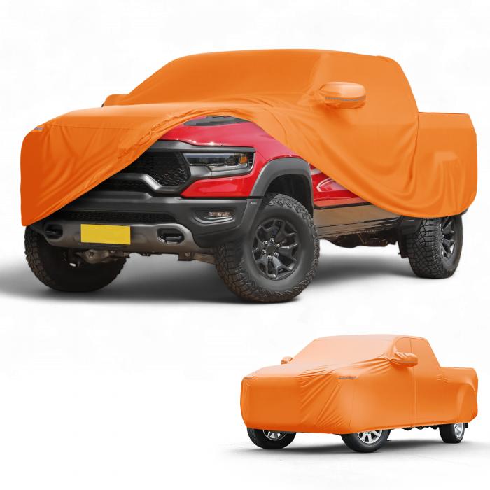 Partuto カーカバー 防水 オールウェザー 自動車用 アウトドア用 アンチUV サン 雨 保護 フルエクステリアカバー Dodgeに対応 Ramに対応用 アルミフィルム オレンジ W/ジッパー