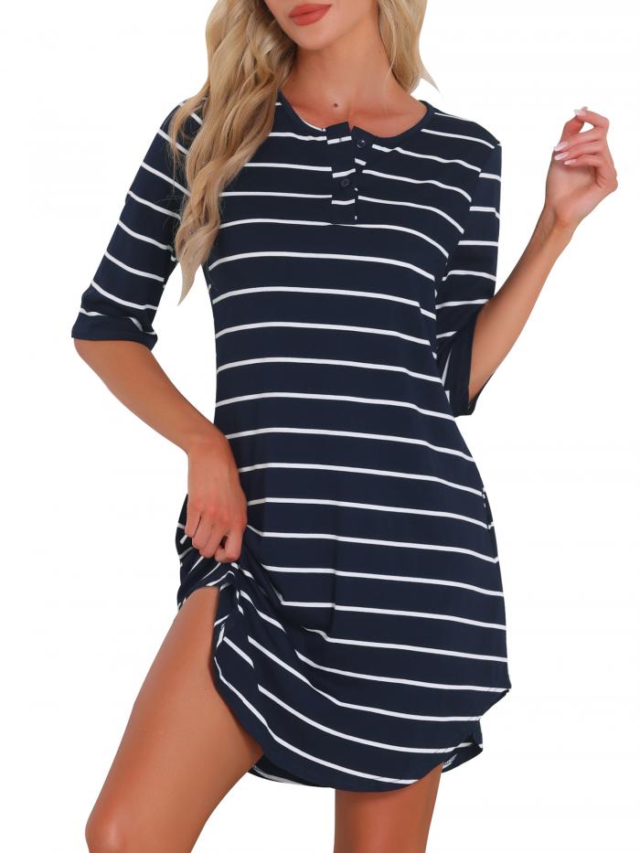 cheibear レディース ナイトシャツ ストライプ 半袖 ボタンアップ ショート ナイトガウン シャツ ドレス ネイビー XL