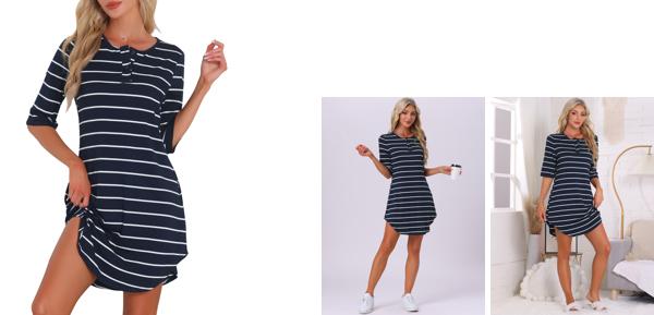 cheibear レディース ナイトシャツ ストライプ 半袖 ボタンアップ ショート ナイトガウン シャツ ドレス ネイビー L