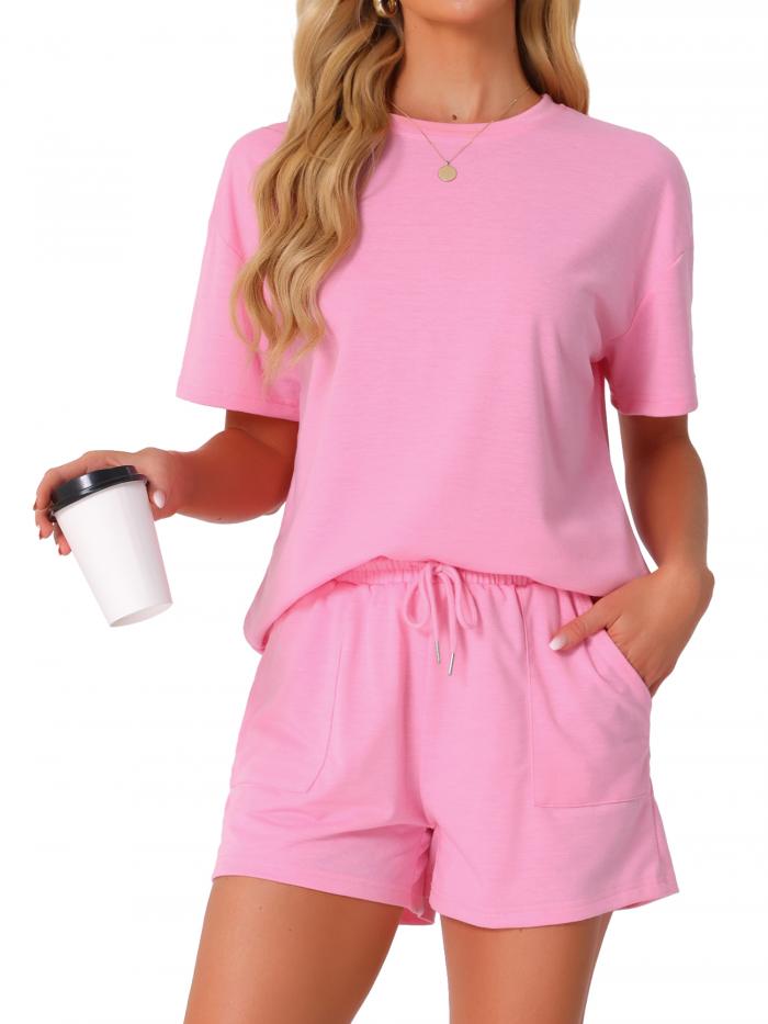 cheibear レディース パジャマセット 半袖 ラウンジセット ショーツ スリープウェアセット ポケット付き 2ピース パジャマセット ピンク XL