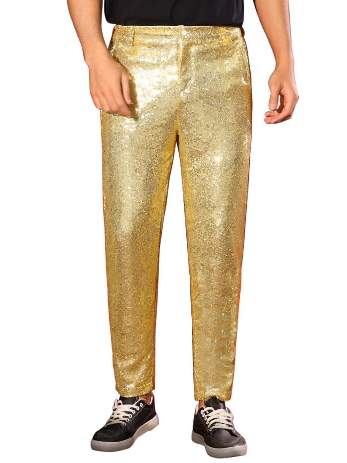 Lars Amadeus メンズ 光沢 パンツ グリッター 70年代 ディスコ ナイトクラブ ストレート レッグ スパンコール トラウザー 金色 XL