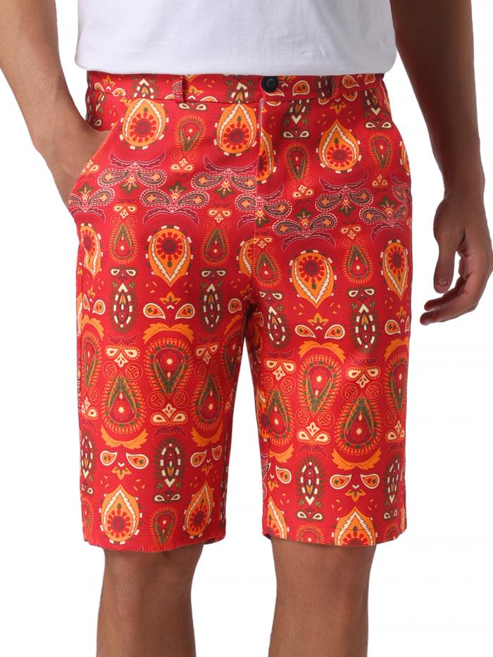 Lars Amadeus グラフィックプリントのメンズ夏用ショートパンツ レトロ フラットフロント フローラル ショートパンツ レッド XL