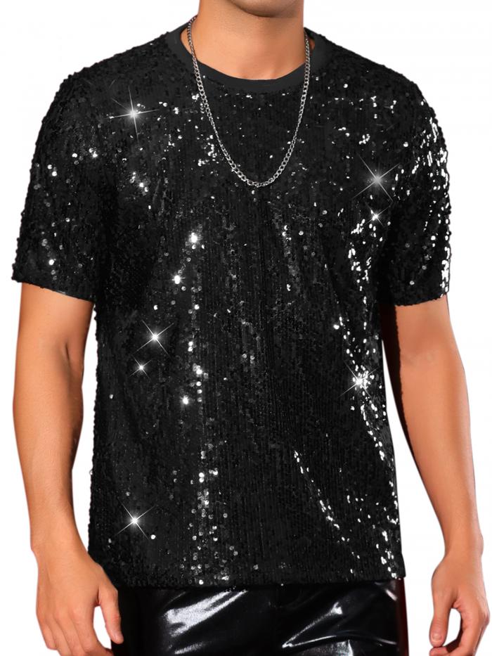 Lars Amadeus メンズ スパンコール Tシャツ 半袖 ラウンドネック レギュラーフィット パーティー クラブ ディスコ Tシャツ トップ ブラック 2XL