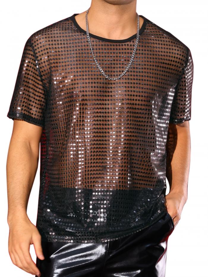 Lars Amadeus メンズ シアースパンコールTシャツ 光沢 半袖Tシャツ クラブパーティー メタリックグリッター Tシャツ ブラック 2XL