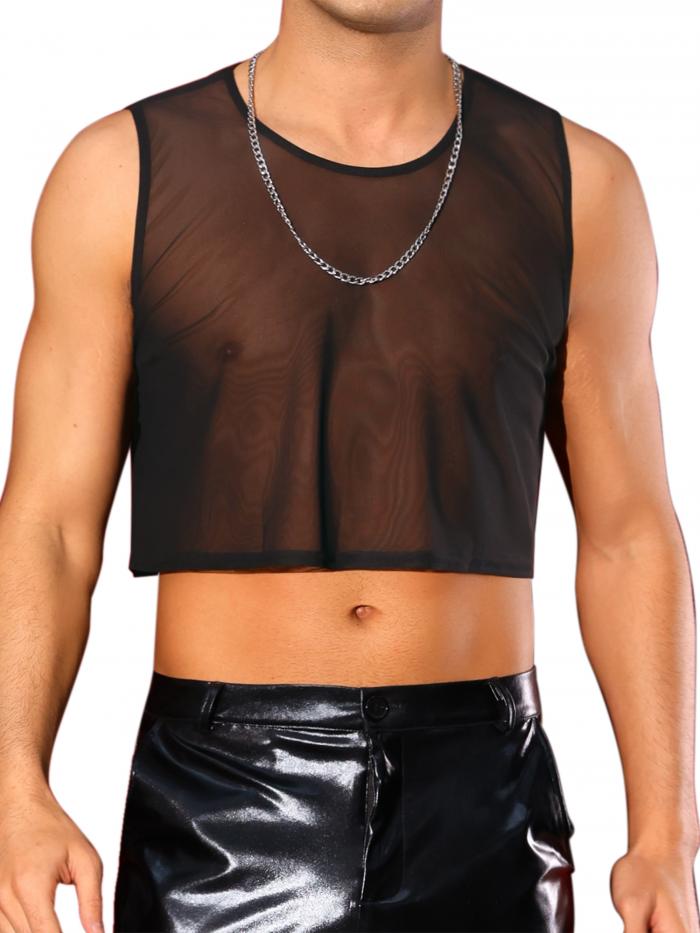 Lars Amadeus メンズ シアークロップタンクトップ シースルー ノースリーブTシャツ ラウンドネック パーティー メッシュベスト ブラック L