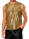Lars Amadeus メンズ メタリックタンクトップ ホログラフィック ノースリーブ Tシャツ ディスコパーティー シャイニーベスト 金色 2XL(4)