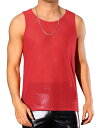 Lars Amadeus メンズ メッシュシアータンクトップ シースルー ノースリーブ Tシャツ クルーネック パーティーベスト レッド S(4)