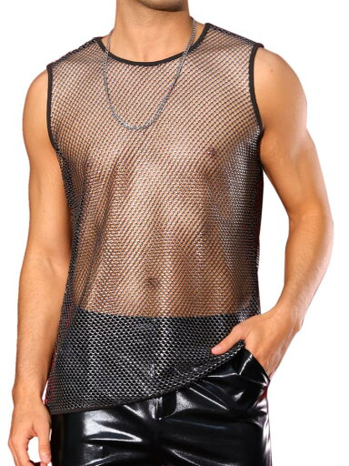 Lars Amadeus メンズ シアータンクトップ シースルー ノースリーブ パーティー クラブウェア 光沢メッシュベスト シルバーブラック 2XL Lars Amadeus メンズ シアータンクトップ シースルー ノースリーブ パーティー クラブウェア 光沢メッシュベスト シルバーブラック 2XL